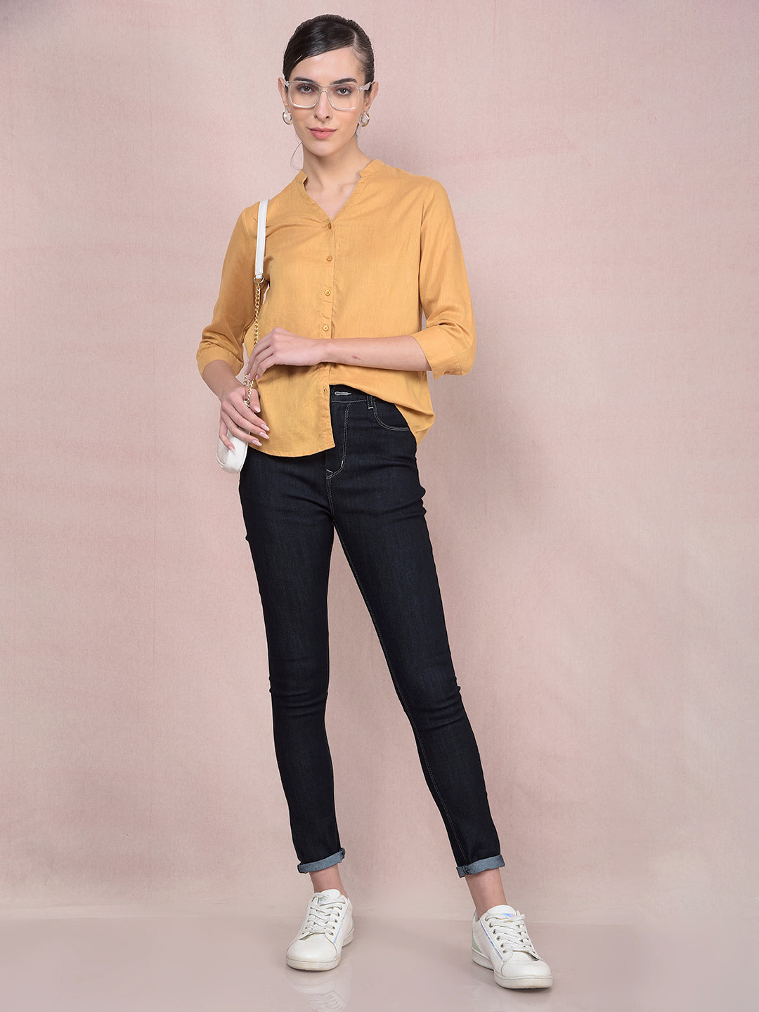 Mustard V-Neck Linen Shirt-Women Shirts-Crimsoune Club
