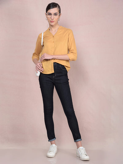 Mustard V-Neck Linen Shirt-Women Shirts-Crimsoune Club