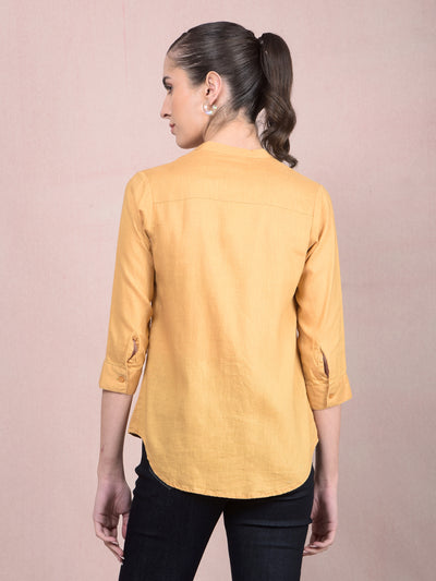 Mustard V-Neck Linen Shirt-Women Shirts-Crimsoune Club