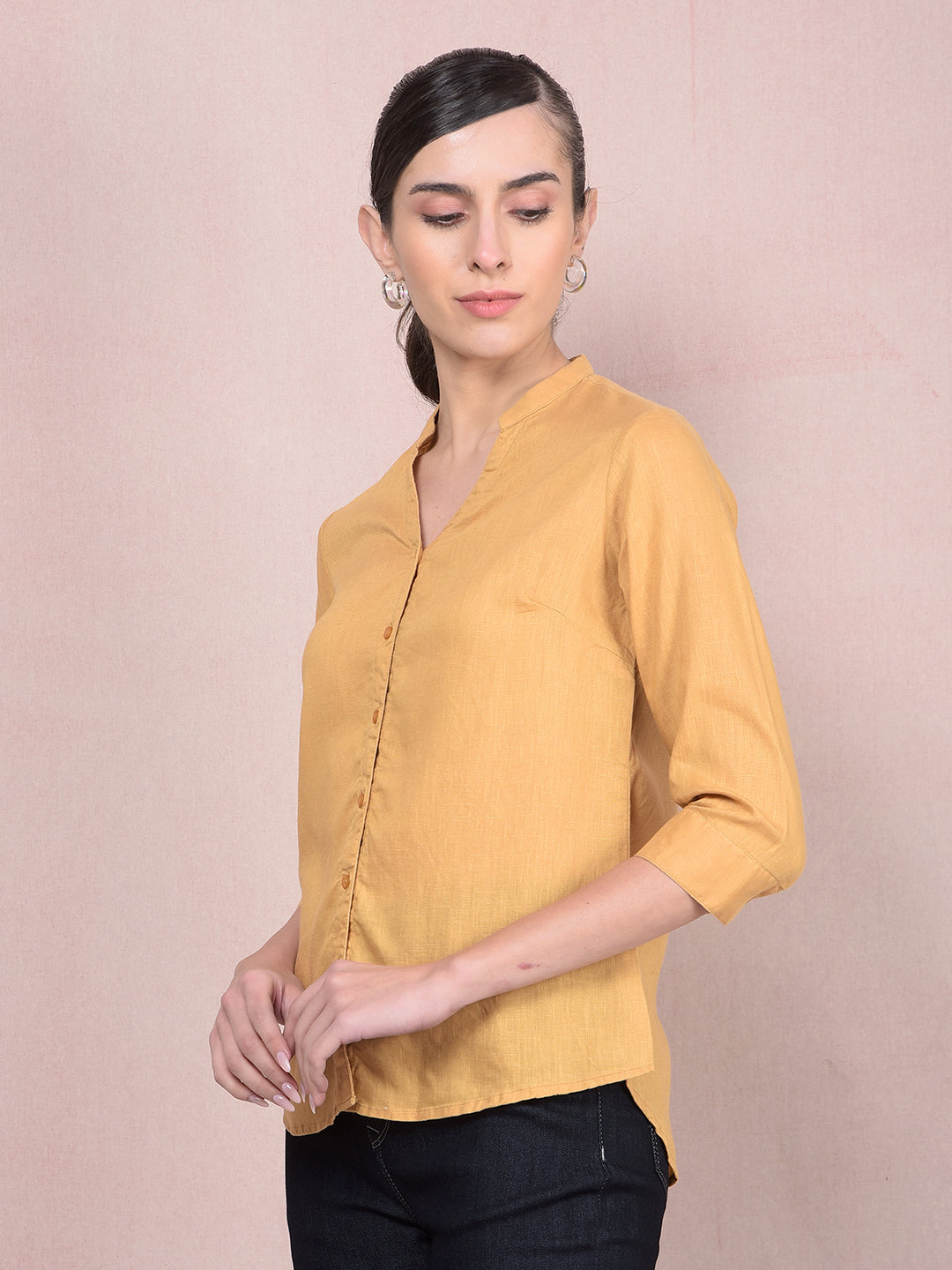 Mustard V-Neck Linen Shirt-Women Shirts-Crimsoune Club