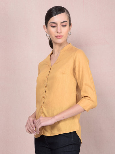 Mustard V-Neck Linen Shirt-Women Shirts-Crimsoune Club