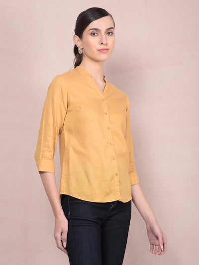 Mustard V-Neck Linen Shirt-Women Shirts-Crimsoune Club