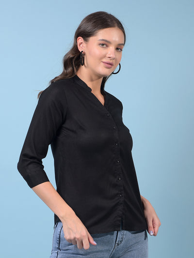 Women's Black V-Neck Linen Shirt-Women Shirts-Crimsoune Club