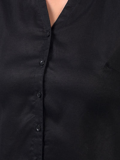 Women's Black V-Neck Linen Shirt-Women Shirts-Crimsoune Club