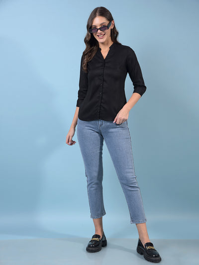 Women's Black V-Neck Linen Shirt-Women Shirts-Crimsoune Club