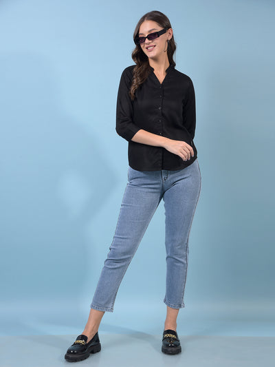Women's Black V-Neck Linen Shirt-Women Shirts-Crimsoune Club