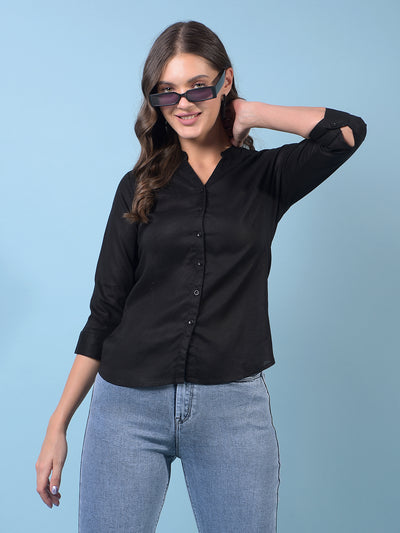 Women's Black V-Neck Linen Shirt-Women Shirts-Crimsoune Club