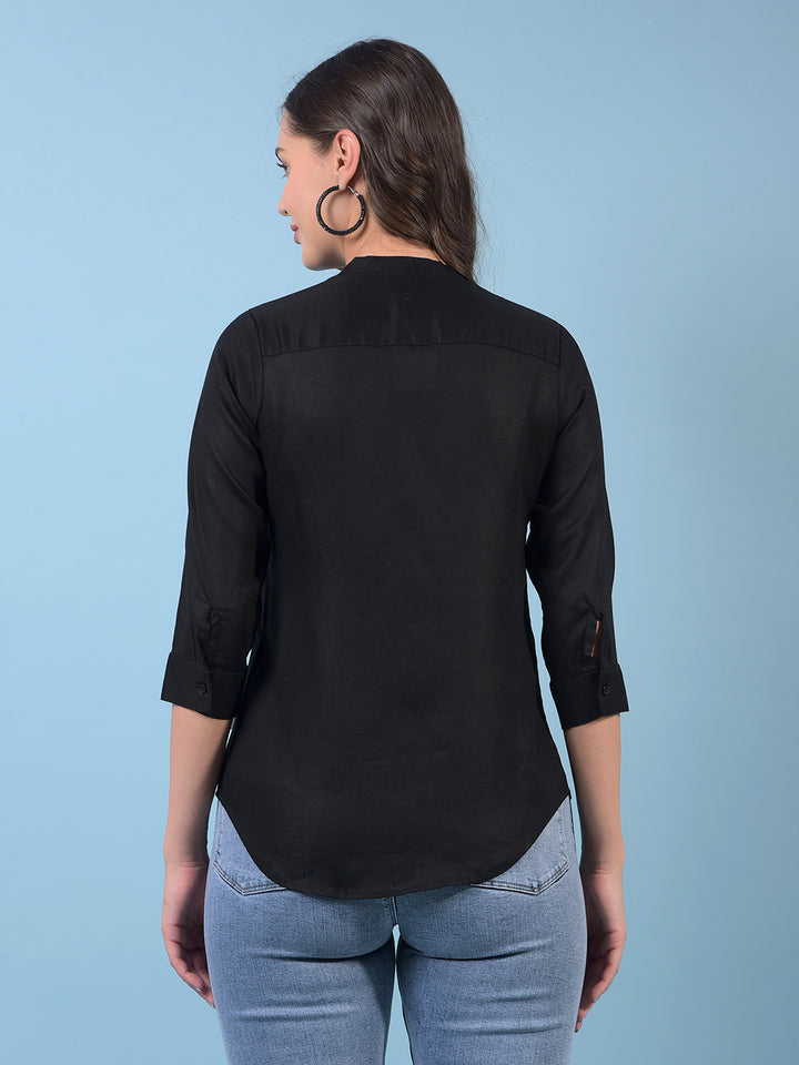 Women's Black V-Neck Linen Shirt-Women Shirts-Crimsoune Club