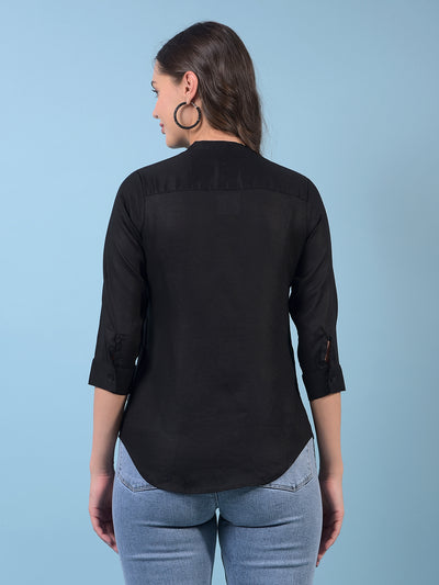 Women's Black V-Neck Linen Shirt-Women Shirts-Crimsoune Club
