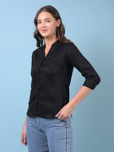 Women's Black V-Neck Linen Shirt-Women Shirts-Crimsoune Club