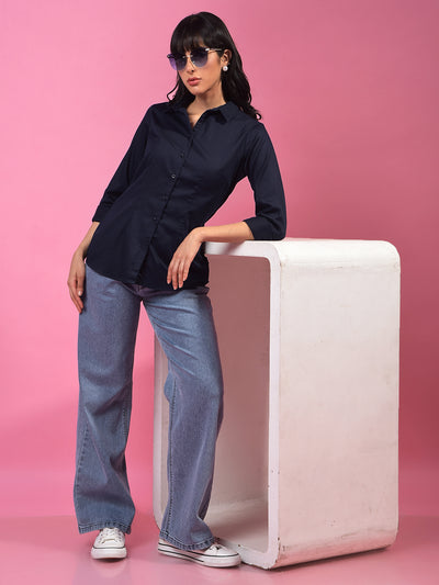 Vibrant Navy Blue Shirt – Go For Effortless Style-Women Shirts-Crimsoune Club