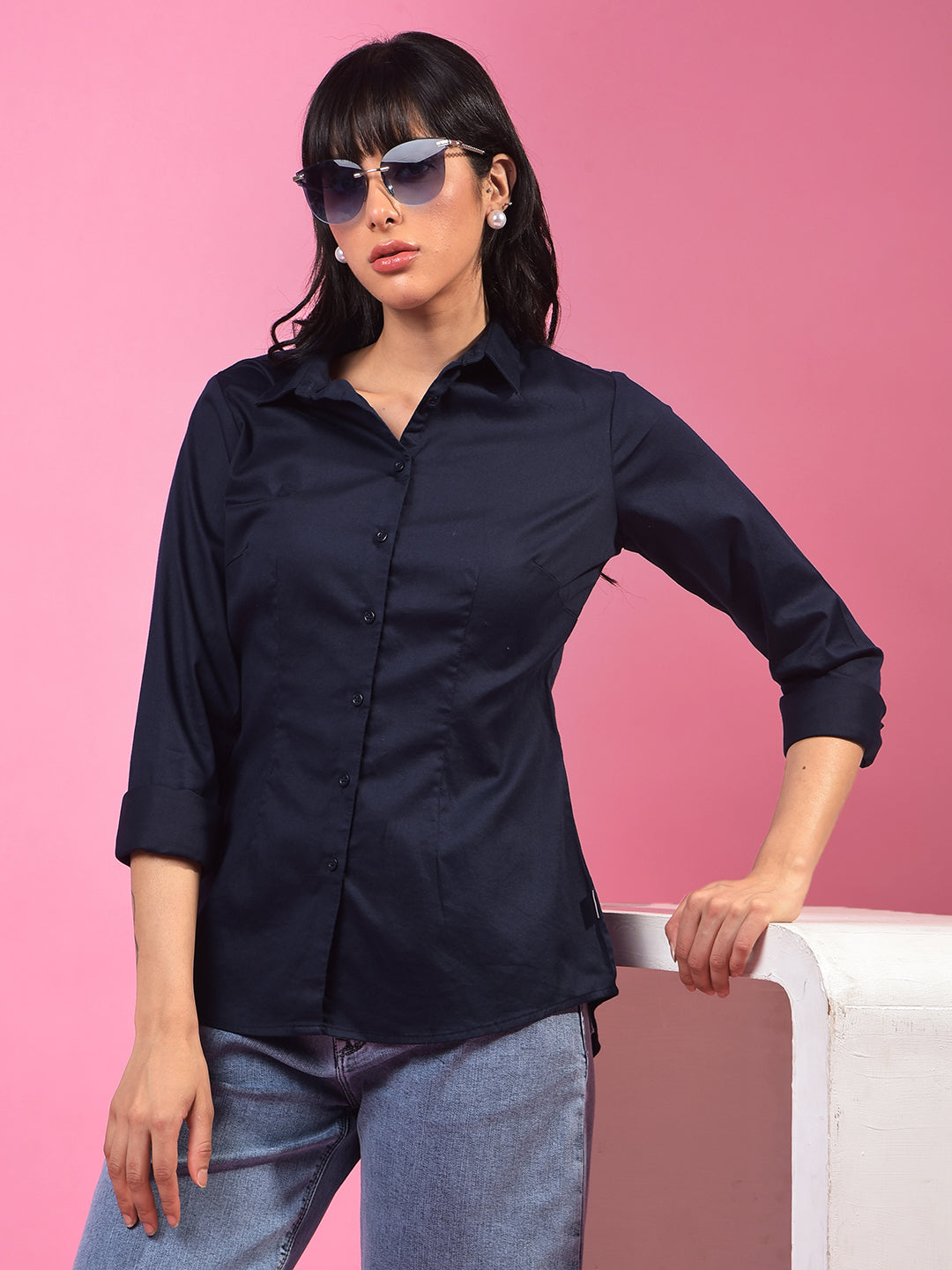 Vibrant Navy Blue Shirt – Go For Effortless Style-Women Shirts-Crimsoune Club