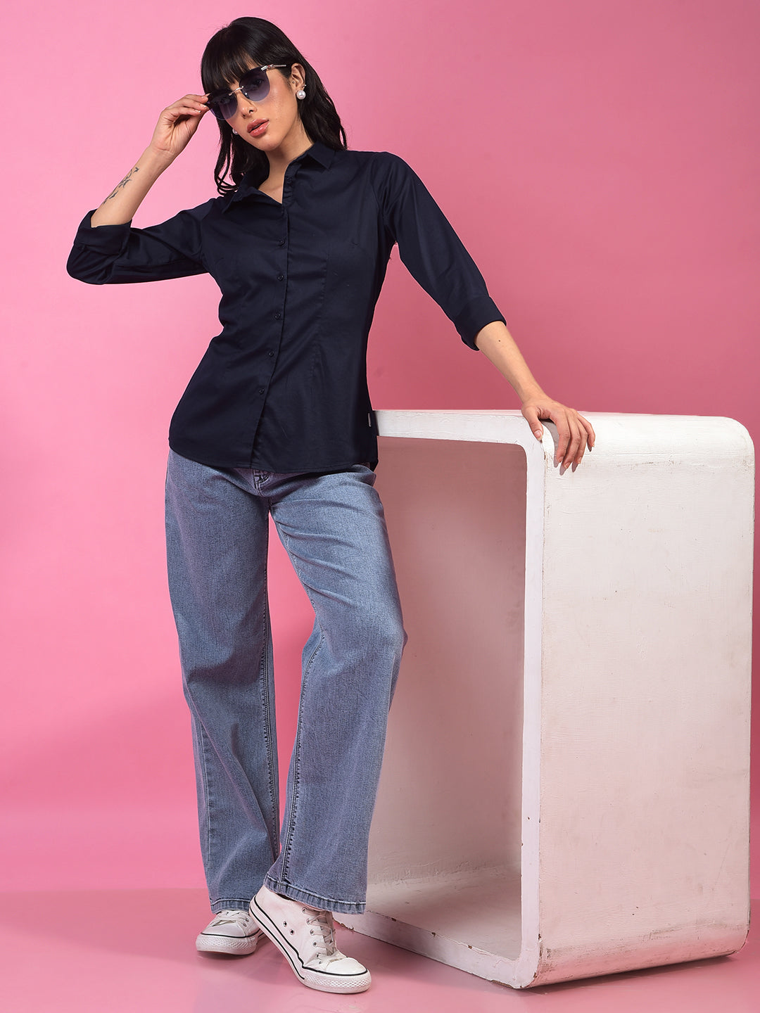 Vibrant Navy Blue Shirt – Go For Effortless Style-Women Shirts-Crimsoune Club