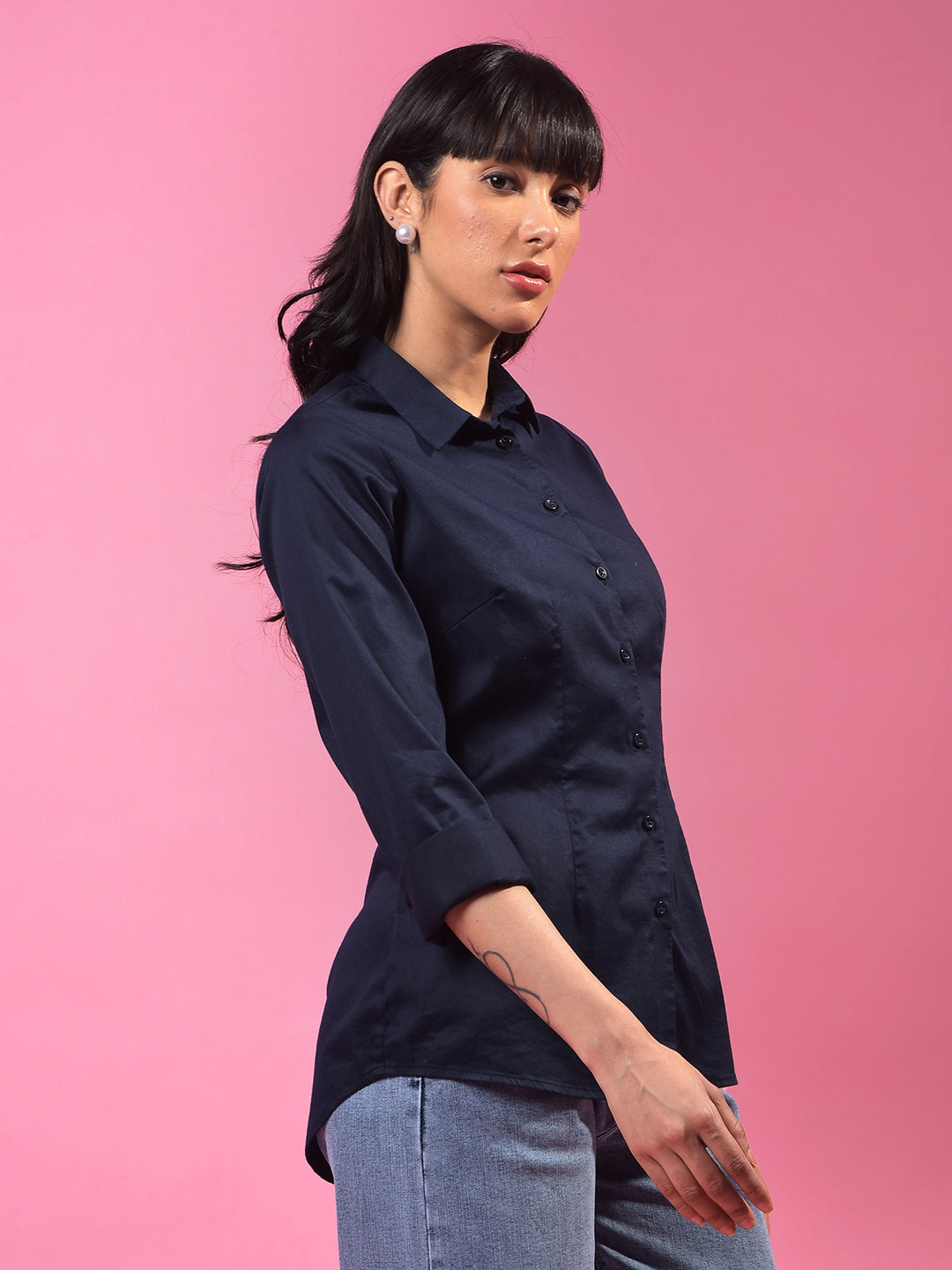 Vibrant Navy Blue Shirt – Go For Effortless Style-Women Shirts-Crimsoune Club