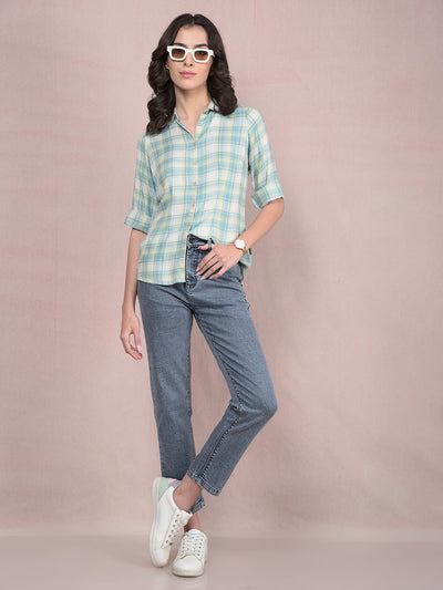 Green Checked Linen Shirt-Women Shirts-Crimsoune Club