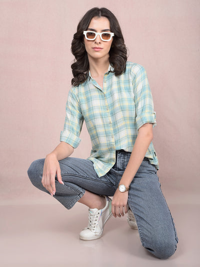 Green Checked Linen Shirt-Women Shirts-Crimsoune Club