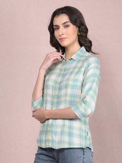 Green Checked Linen Shirt-Women Shirts-Crimsoune Club
