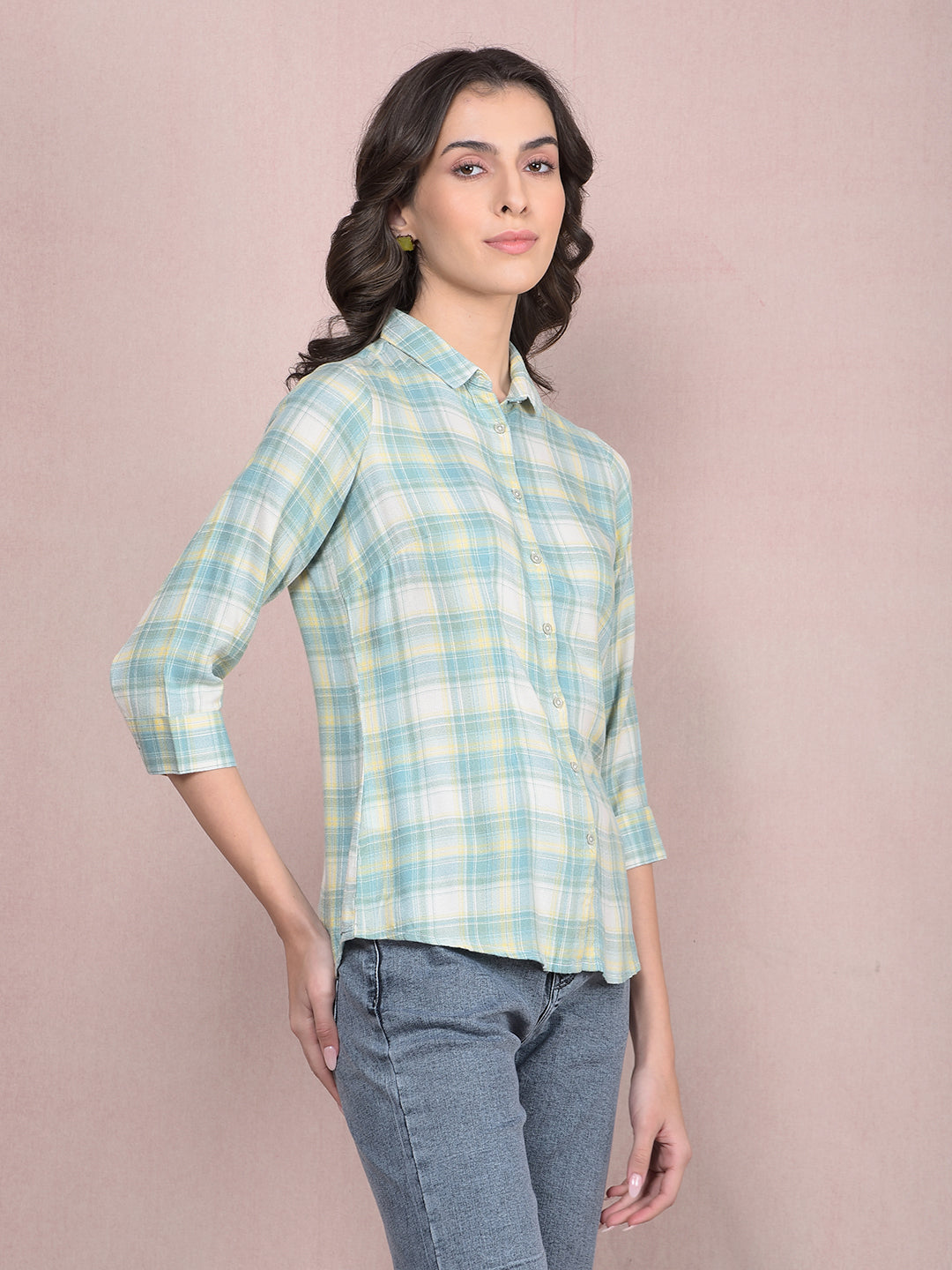 Green Checked Linen Shirt-Women Shirts-Crimsoune Club