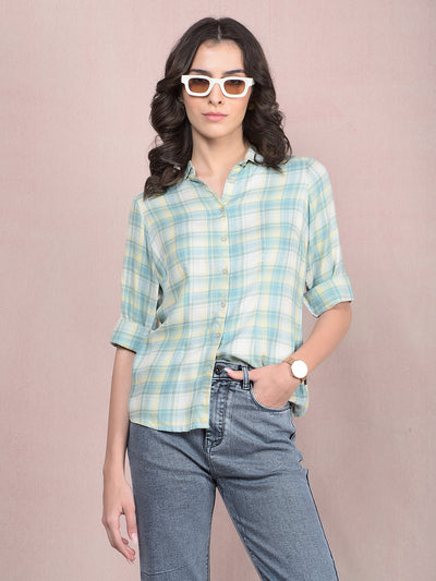 Green Checked Linen Shirt-Women Shirts-Crimsoune Club