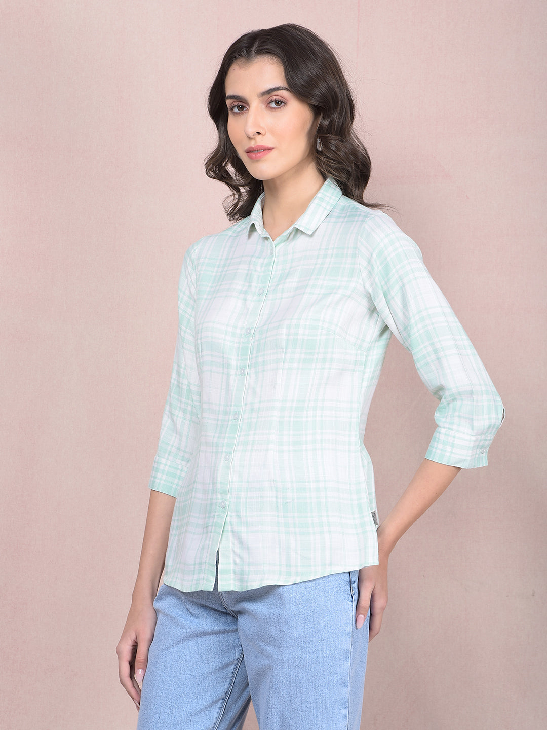 Green Checked Shirt-Women Shirts-Crimsoune Club