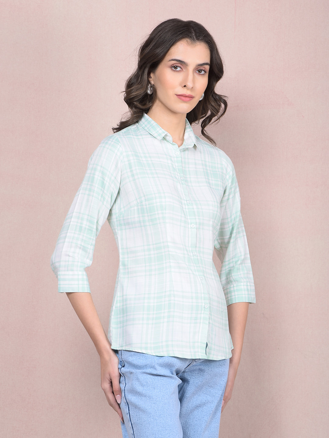 Green Checked Shirt-Women Shirts-Crimsoune Club
