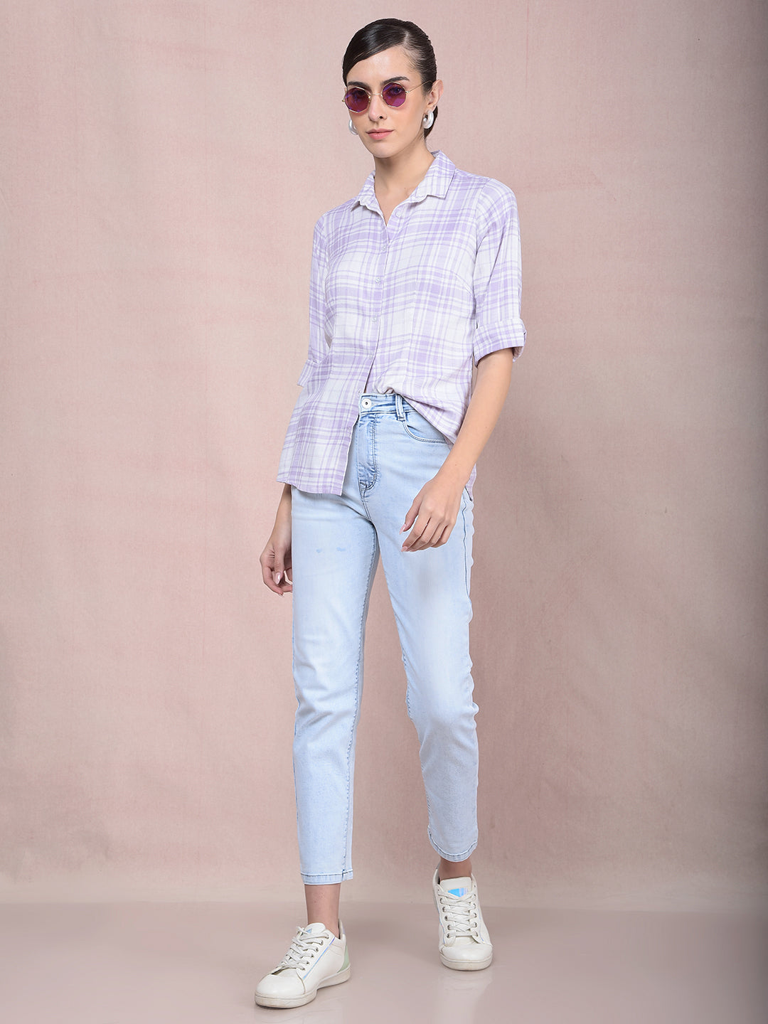 Purple Checked Shirt-Women Shirts-Crimsoune Club