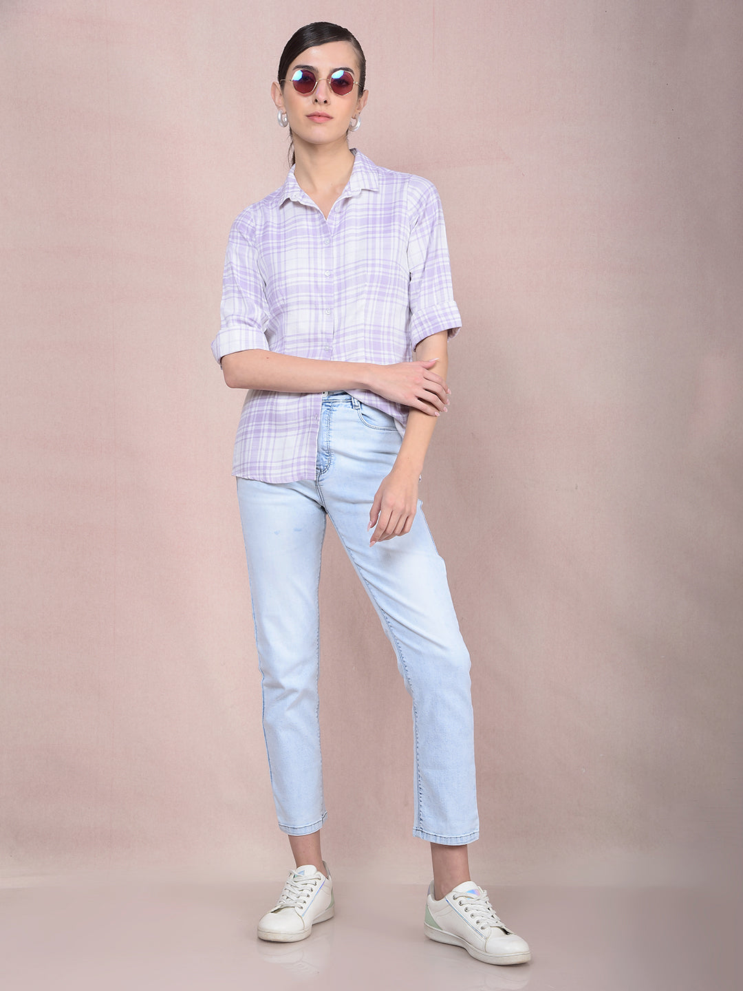 Purple Checked Shirt-Women Shirts-Crimsoune Club