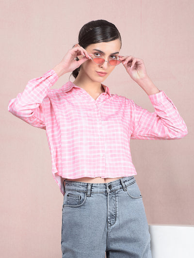 Pink Checked Crop Shirt-Women Shirts-Crimsoune Club
