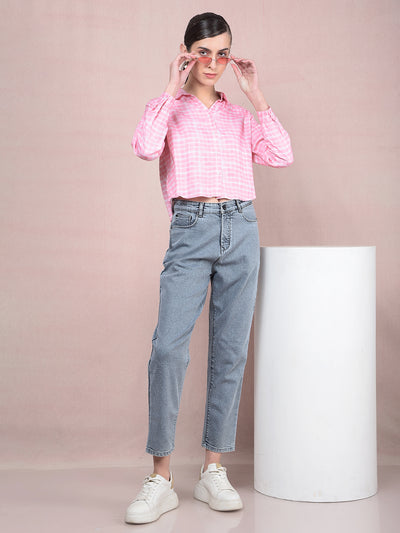 Pink Checked Crop Shirt-Women Shirts-Crimsoune Club