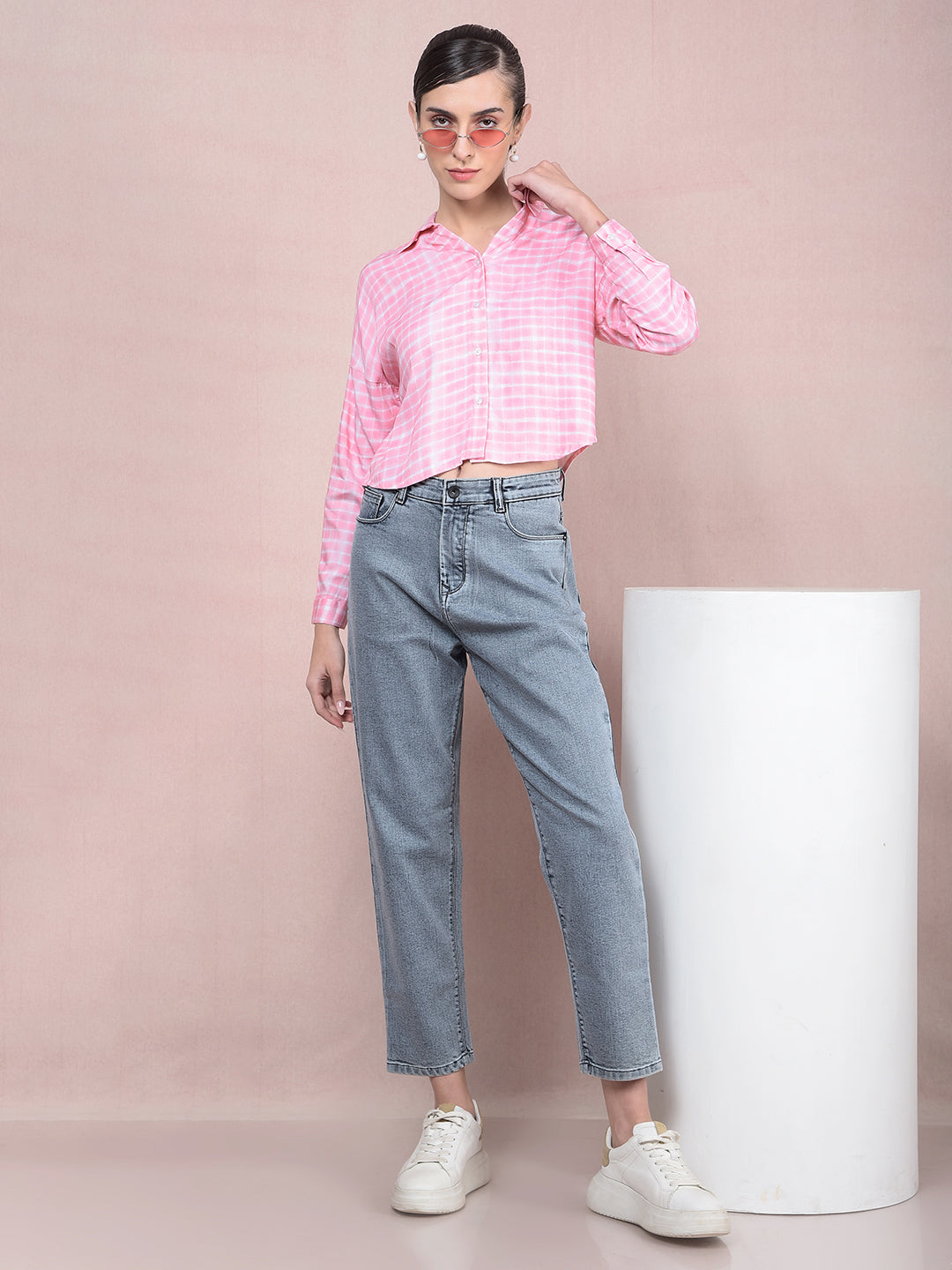 Pink Checked Crop Shirt-Women Shirts-Crimsoune Club