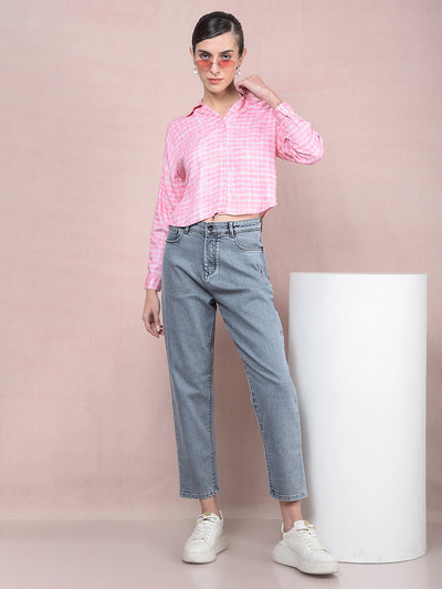 Pink Checked Crop Shirt-Women Shirts-Crimsoune Club