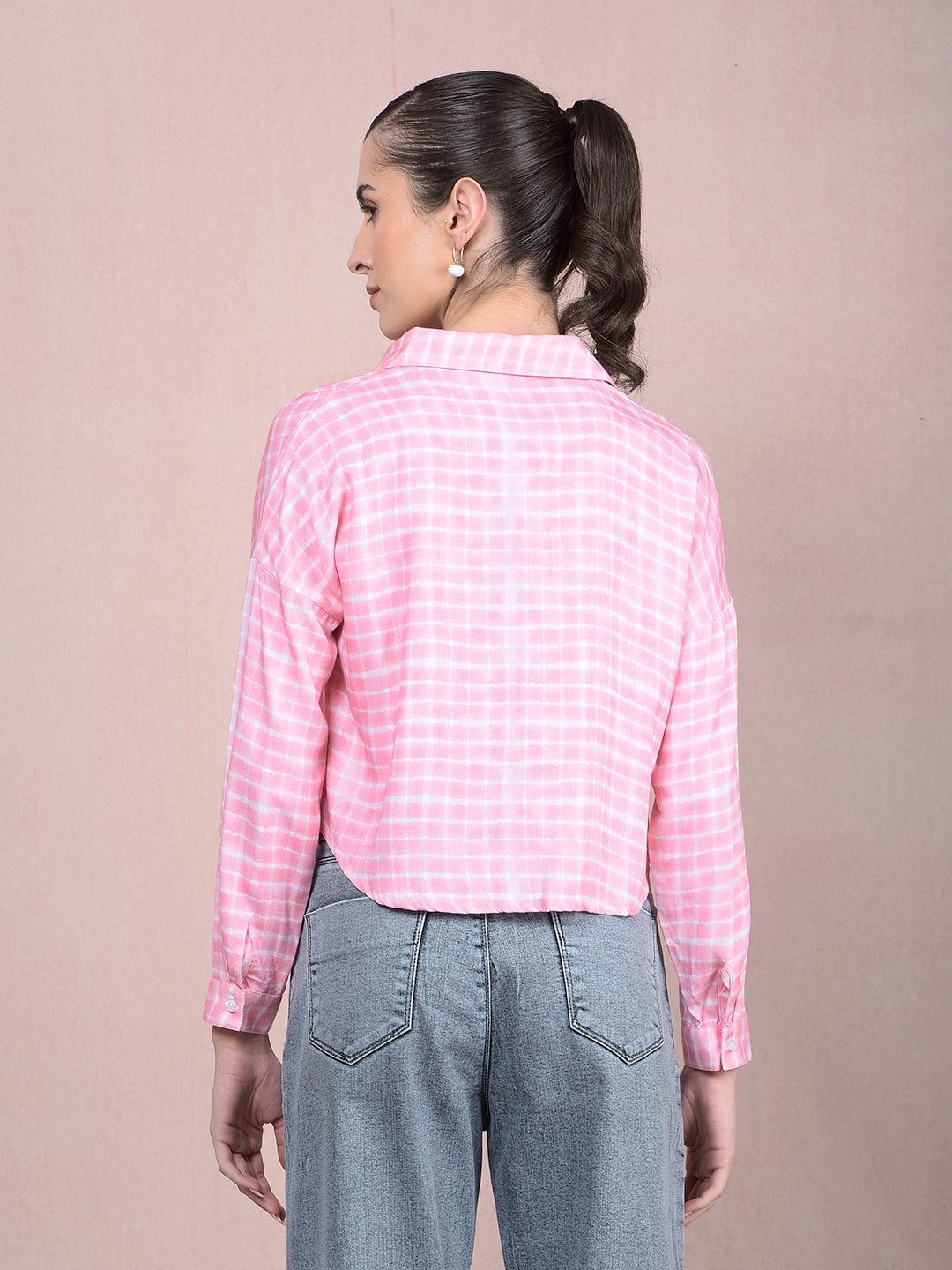 Pink Checked Crop Shirt-Women Shirts-Crimsoune Club