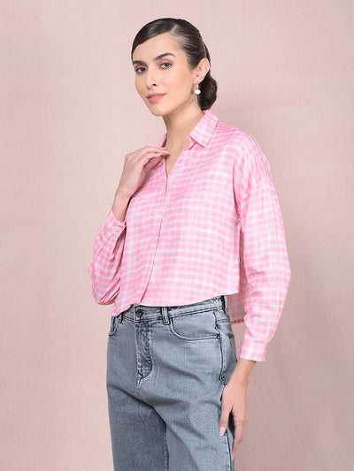 Pink Checked Crop Shirt-Women Shirts-Crimsoune Club
