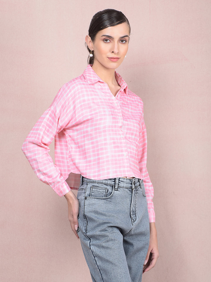 Pink Checked Crop Shirt-Women Shirts-Crimsoune Club