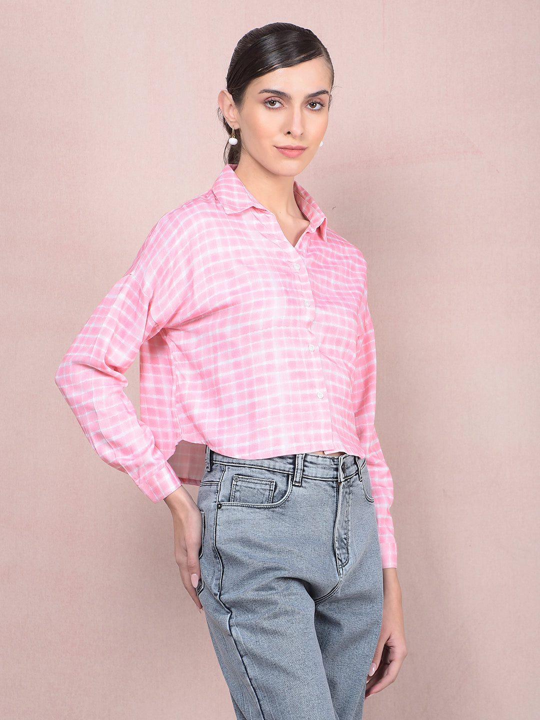 Pink Checked Crop Shirt-Women Shirts-Crimsoune Club