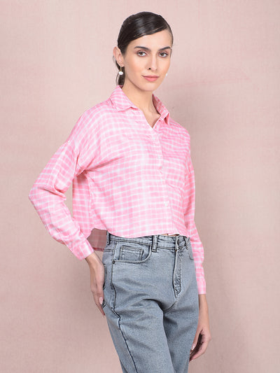 Pink Checked Crop Shirt-Women Shirts-Crimsoune Club