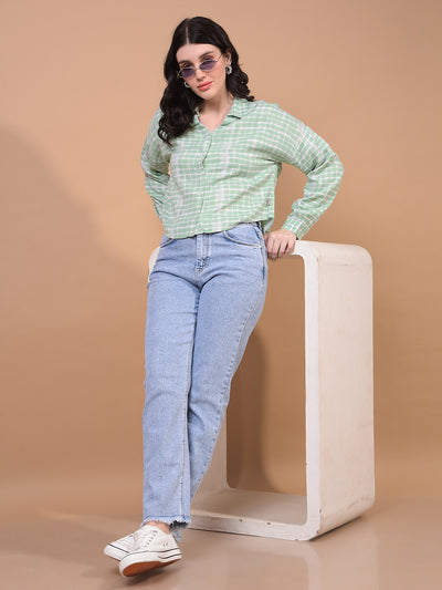 Women's Green Printed V-Neck Cropped Shirt-Women Shirts-Crimsoune Club