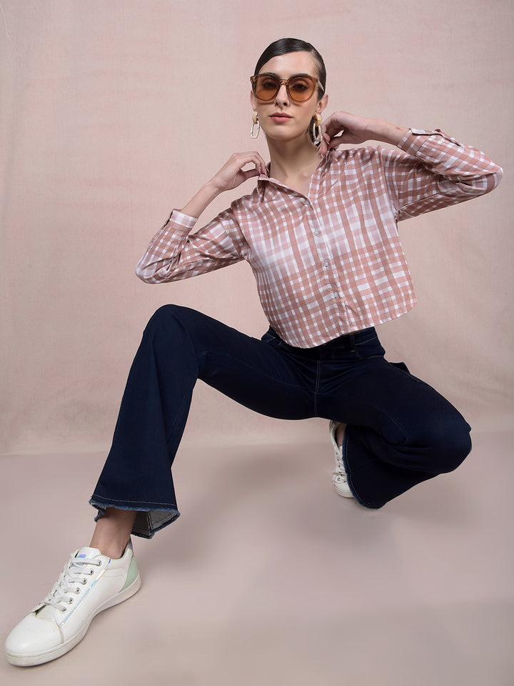 Brown Checked Crop Shirt-Women Shirts-Crimsoune Club