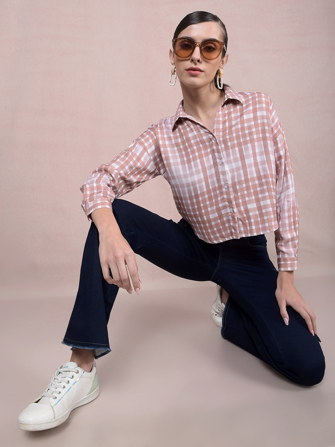 Brown Checked Crop Shirt-Women Shirts-Crimsoune Club