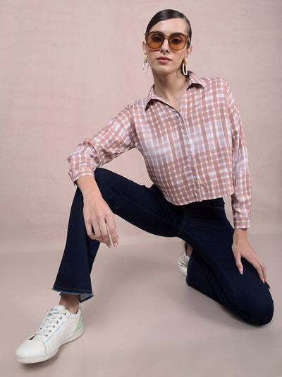 Brown Checked Crop Shirt-Women Shirts-Crimsoune Club