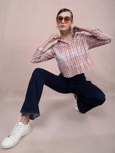 Brown Checked Crop Shirt-Women Shirts-Crimsoune Club