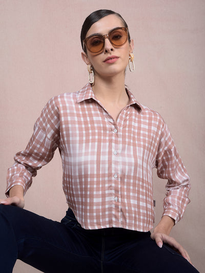 Brown Checked Crop Shirt-Women Shirts-Crimsoune Club