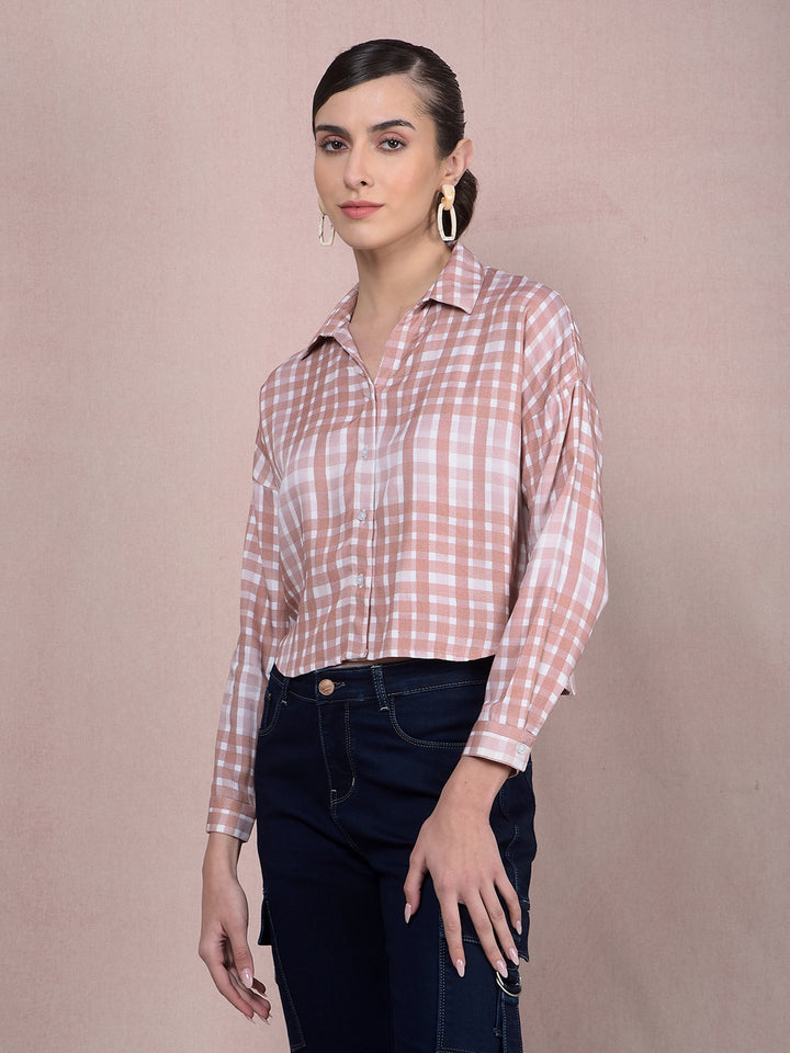 Brown Checked Crop Shirt-Women Shirts-Crimsoune Club