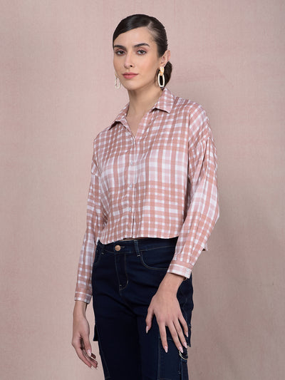 Brown Checked Crop Shirt-Women Shirts-Crimsoune Club