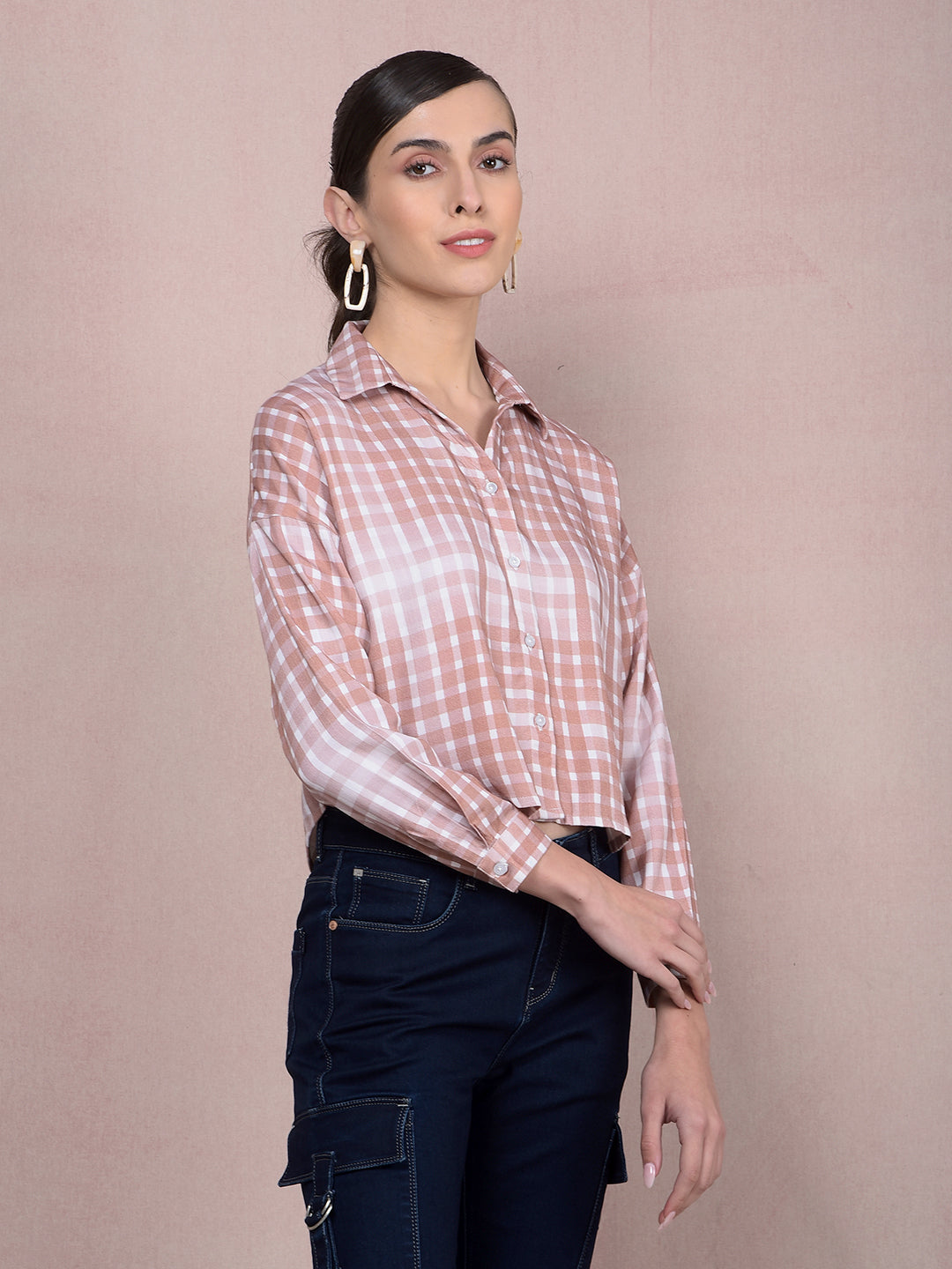 Brown Checked Crop Shirt-Women Shirts-Crimsoune Club
