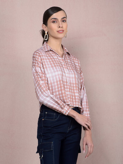 Brown Checked Crop Shirt-Women Shirts-Crimsoune Club