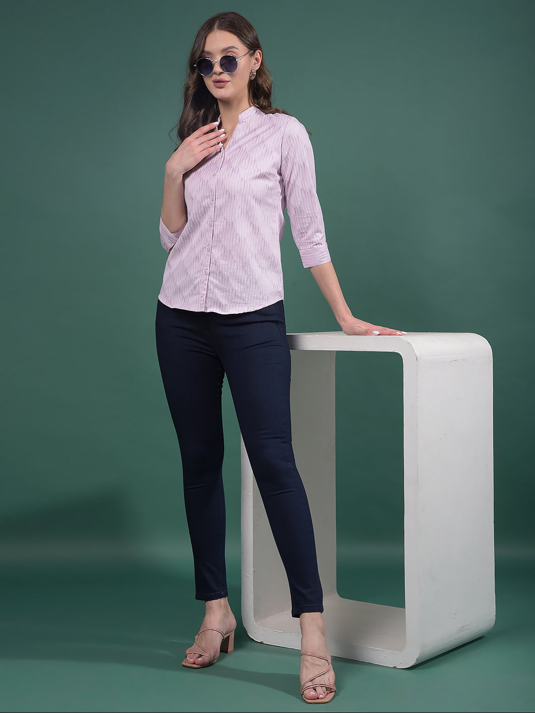 Pink Vertical Stripes V-Neck Shirt-Women Shirts-Crimsoune Club