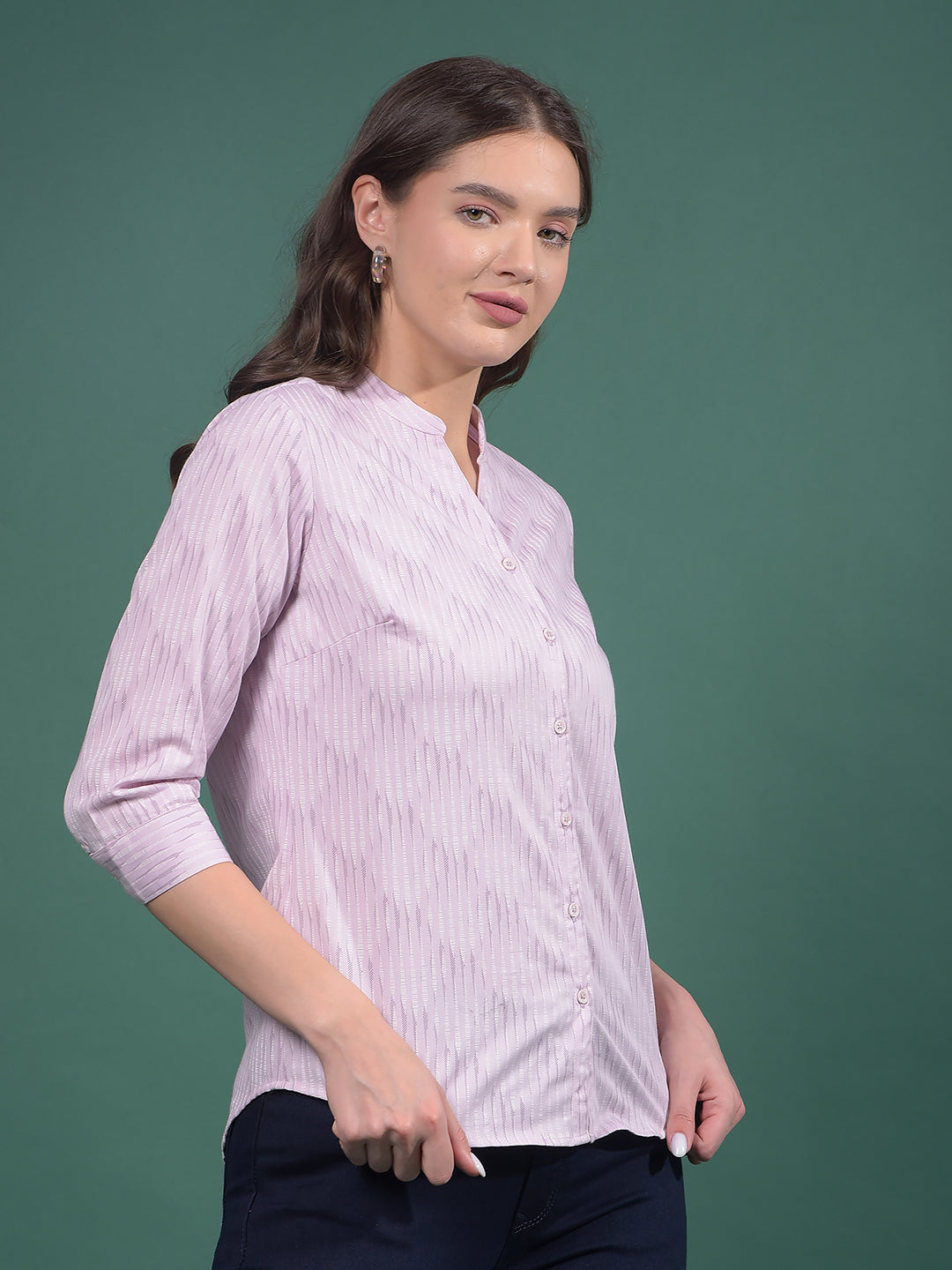 Pink Vertical Stripes V-Neck Shirt-Women Shirts-Crimsoune Club