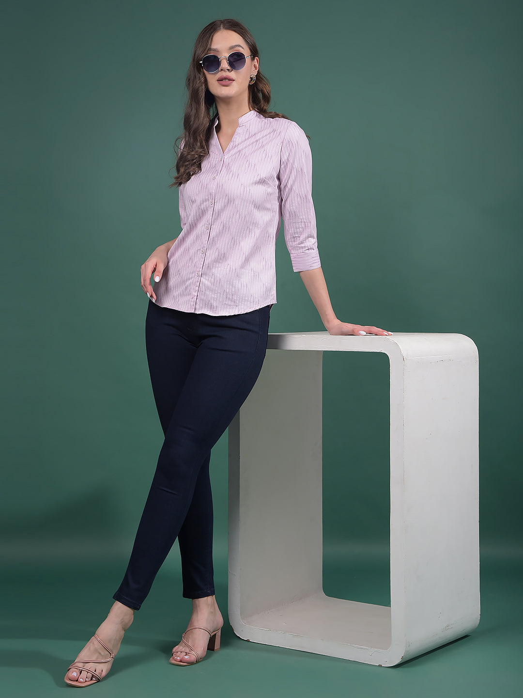 Pink Vertical Stripes V-Neck Shirt-Women Shirts-Crimsoune Club