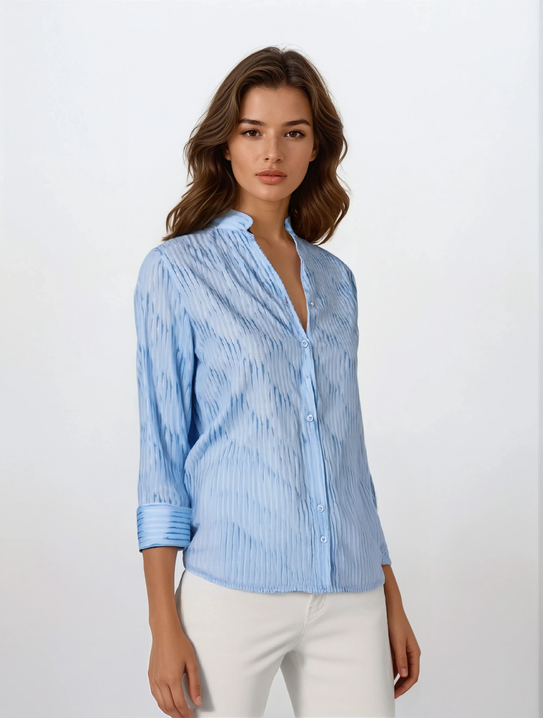 Blue Vertical Stripes V-Neck Shirt-Women Shirts-Crimsoune Club